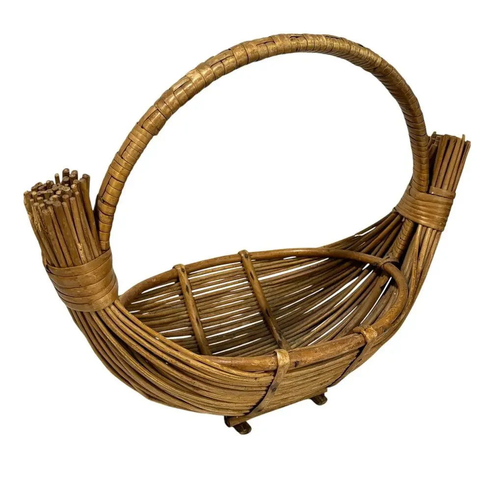 Pencil Reed Wood Basket handmade signed unique boat shape vintage centerpiece